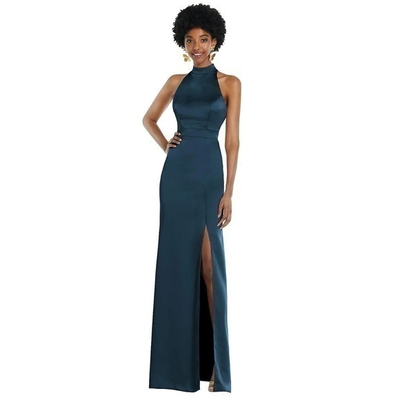 Lovely Lb037 Atlantic Blue High Neck Backless Maxi Dress With Slim Belt Size 12